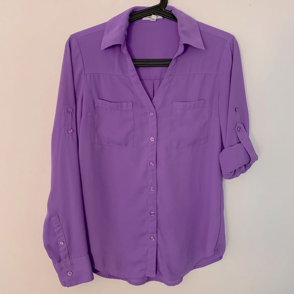 Express Original Portofino Shirt Collar V-Neck Pocket Blouse Size XS Purple
